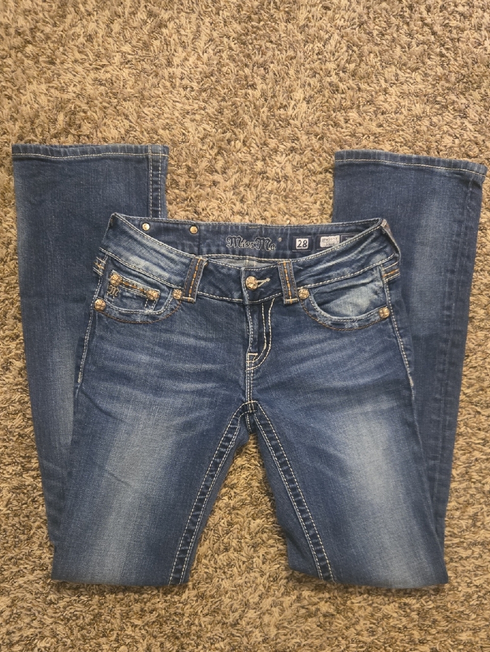 Miss Me 28 Boot JPW5078 Women's Blue Faded Bootcut Jeans with Contrast Stitching